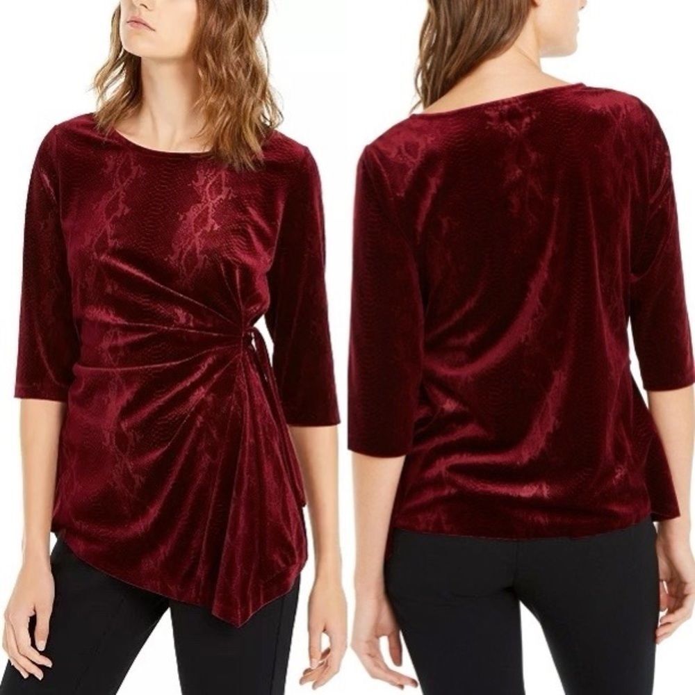 Alfani- Snakeskin-Print Side-Tie Velvet Top